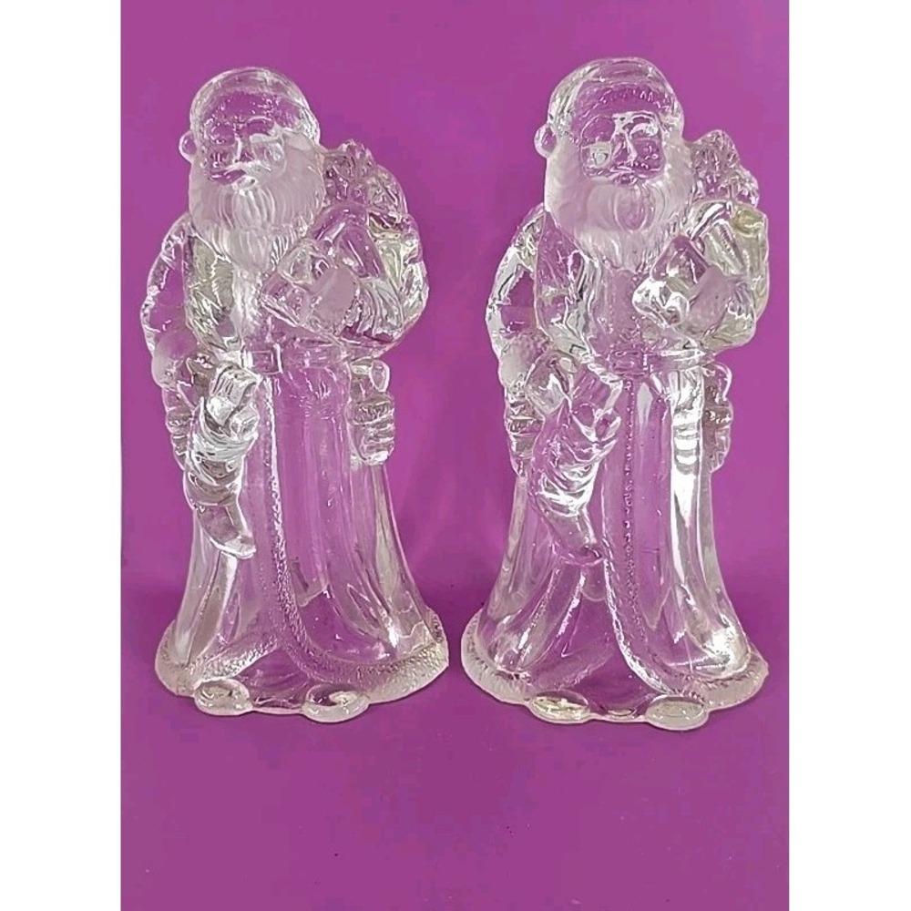 2 CLEAR GLASS 7" tall SANTA Carryong Toy Sack Candle Holder